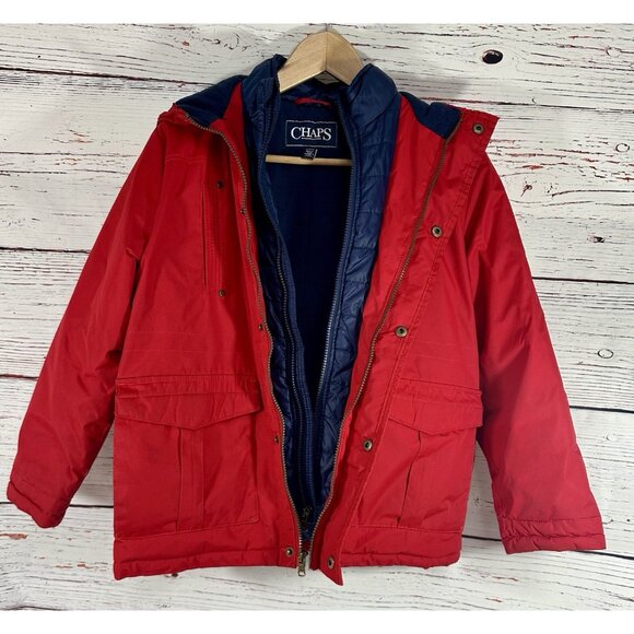 Chaps Boys Hooded Winter Jacket Medium 10/12 Red Blue Pockets Warm Zipper READ - Picture 4 of 14